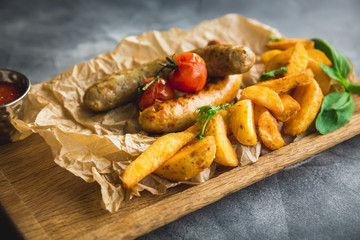 Fried sausages with potatoes and pickled tomato on a wooden plate. Closeup view of food.