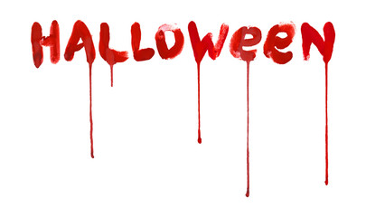  Red bloody Halloween lettering. Paint dripping vector illustration.