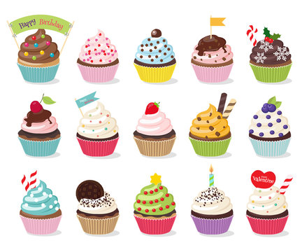 
Three rows of five cupcakes that look appetizing. Colorful cupcakes isolated in white