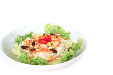 green salad plate fresh vegetable border on white background