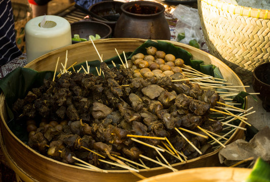 Sate Usus, Sate Telur Puyuh, Sate Kerang. Skewered food dish of chicken intestine, quail eggs, and cockles