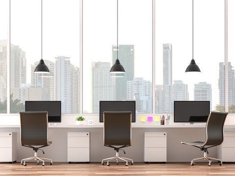 Moderm Office With City View 3d Render.The Rooms Have Wooden Floors.Furnished With White Table And Black Leather Chair. There Are Large Window Overlooking To City View.