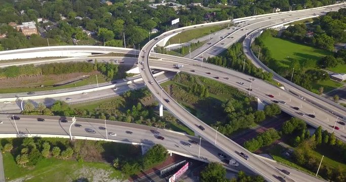 Overview of a highway with moving cars.