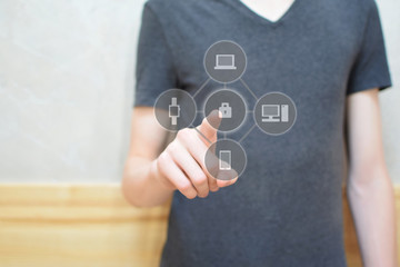 Man hand pressing padlock button on virtual touchscreen interface with copy space to protect computer laptop watches tablet other data devices. Cyber security, personal data protection, information sa