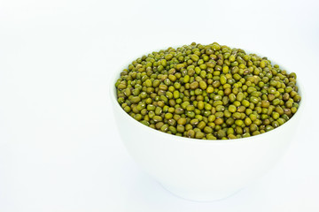 mung bean green in bowl red on white background