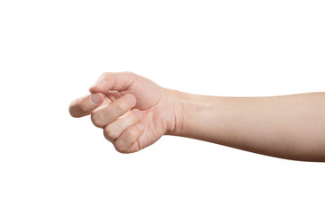 Knocking or holding something male hand, isolated on white background
