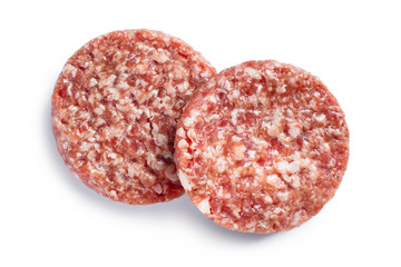 Pair of raw minced beef meat for burgers, isolated on white background, view from above