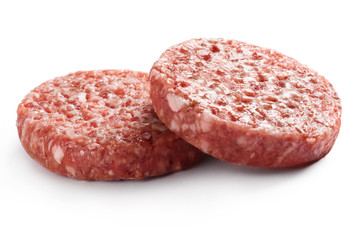 Pair of raw minced beef meat for burgers, isolated on white background