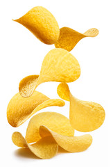 Flying potato chips, isolated on white background