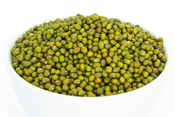 mung bean green in bowl red on white background