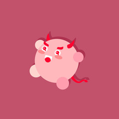 Illustration of a kawaii cute round-shaped red demon showing evilness and showing magnificence in the warm underworld of hell. His big shadow is projected on the wall.