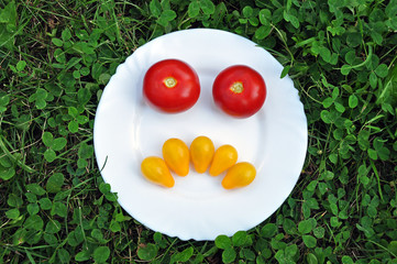 Angry Smiley made of yellow and red fresh tomatoes on a white plate.