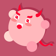 Illustration of a kawaii cute round-shaped red demon showing evilness and showing magnificence in the warm underworld of hell. His big shadow is projected on the wall.