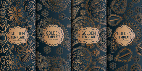Set of golden luxury templates. Abstract geometric background with paisley and flowers. Vector illustration.