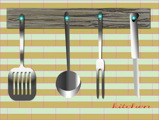 vector drawing, kitchenware-spoons set metal