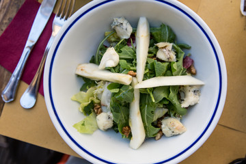 Pear, walnut, rocket and blue cheese salad in Rome, Italy