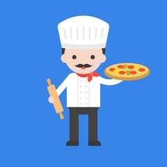 cute chef character with pizza, professional set, flat design