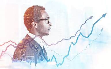 African American man glasses, graphs and city