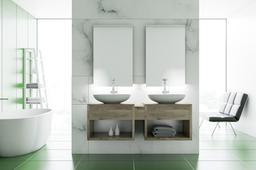 Naklejka na ściany i meble Double sink in marble and green bathroom