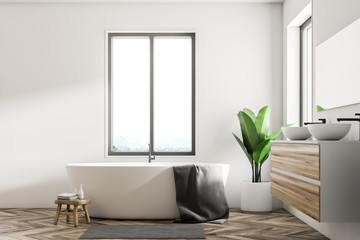 Fototapeta na wymiar White Scandinavian bathroom, tub and sink