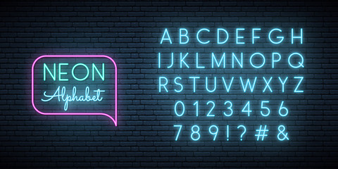Neon blue font. English alphabet and numbers sign. Bright letters on dark wall. Vector template. - obrazy, fototapety, plakaty