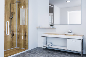 White and wooden bathroom, shower and sink