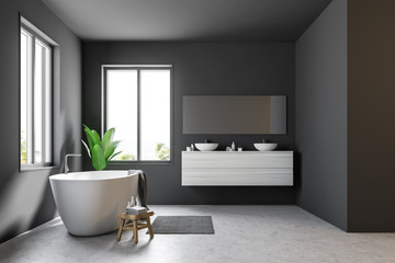Obraz na płótnie Canvas Gray Scandinavian bathroom, tub, sink, side view