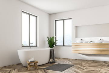 Fototapeta na wymiar White Scandinavian bathroom corner, tub and sink
