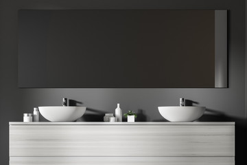 Double sink on white wooden shelf, mirror