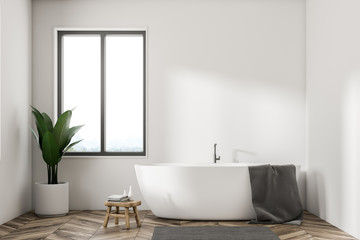 Fototapeta na wymiar White bathtub minimalistic white bathroom, plant