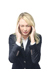 Stressed attractive blonde woman headache isolated