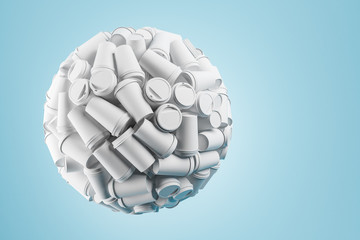 White paper coffee cups forming a ball on blue