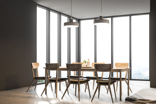 Gray panoramic dining room and kitchen corner