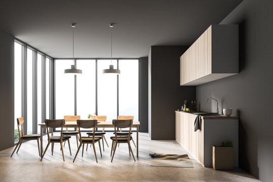 Gray dining room and kitchen interior