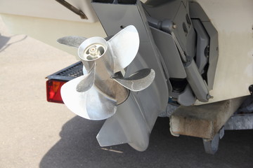 White boat transom and drive (outdrive, sterndrive, hexdrive) with duoprop two coaxial propellers -...