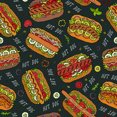 Black Board. Hot Dog and Lettering Seamless Endless Pattern. Many. Restaurant or Cafe Menu Background. Street Fast Food Collection. Realistic Hand Drawn High Quality Vector Illustration. Doodle Style.