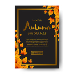 Leaves autumn fall season sale offer poster template with gold text. vector illustration