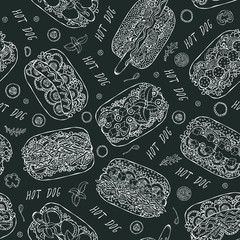 Black Board. Hot Dog and Lettering Seamless Endless Pattern. Many. Restaurant or Cafe Menu Background. Street Fast Food Collection. Realistic Hand Drawn High Quality Vector Illustration. Doodle Style.