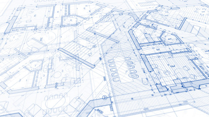 Architecture design: blueprint plan - illustration of a plan modern residential building / technology, industry, business concept illustration: real estate, building, construction, architecture