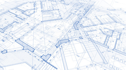 Architecture design: blueprint plan - illustration of a plan modern residential building / technology, industry, business concept illustration: real estate, building, construction, architecture