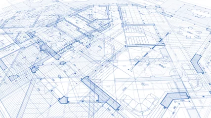 Fotobehang Architecture design: blueprint plan - illustration of a plan modern residential building / technology, industry, business concept illustration: real estate, building, construction, architecture © Uladzimir