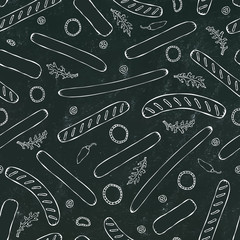 Black Board. Seamless Endless Background Pattern of Different Sausages. Food Collection. Realistic Hand Drawn High Quality Vector Illustration. Doodle Style.