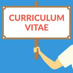 CURRICULUM VITAE. Hand holding wooden sign