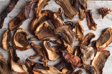 Dried mushrooms on the wooden table