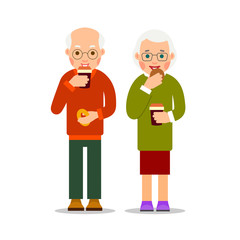 Old people drinking coffee and eat cookies. Aged man and woman standing and holding coffee cups and pastry. Old couple having breakfast. Cartoon illustration isolated on white background in flat style