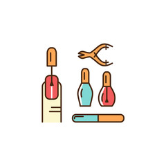 Manicure Icons. Well-groomed hands and nails, nail polish, manicure tools. Thin line art colorful design, Vector flat illustration