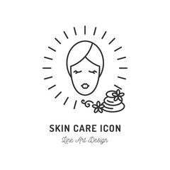 Skin care logo, Cosmetic Spa therapy icon. Cosmetology and beauty. Spa icons with woman with towel, spa stones. Thin line art design, Vector outline illustration