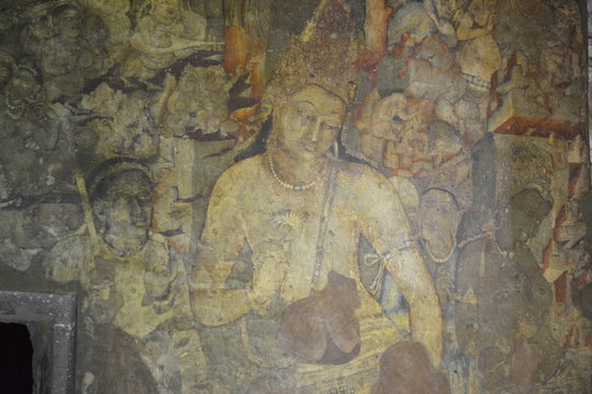 Bodhisattva Padmapani with lotus flower painting, Ajanta caves, Maharashtra, India