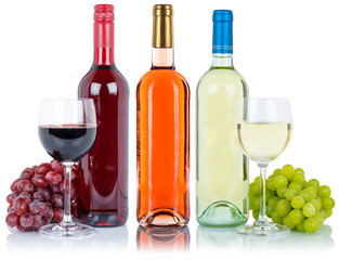 Wine tasting bottle red and white rose grapes isolated