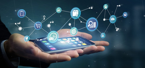 Naklejka premium Businessman holding a Logistic organisation with icon and connection 3d rendering